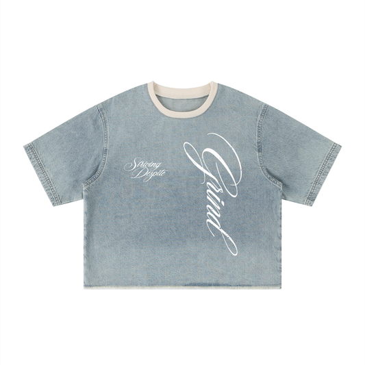 Unisex Vintage Wash Boxy Raw Hem Denim T-Shirt