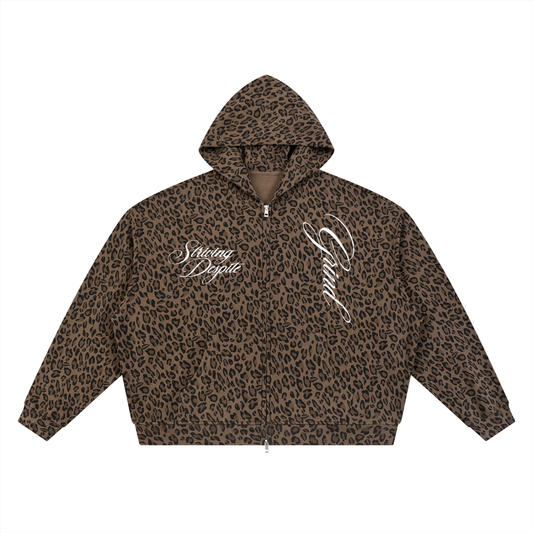 Unisex Leopard Print Waffle Full Zip Hoodie