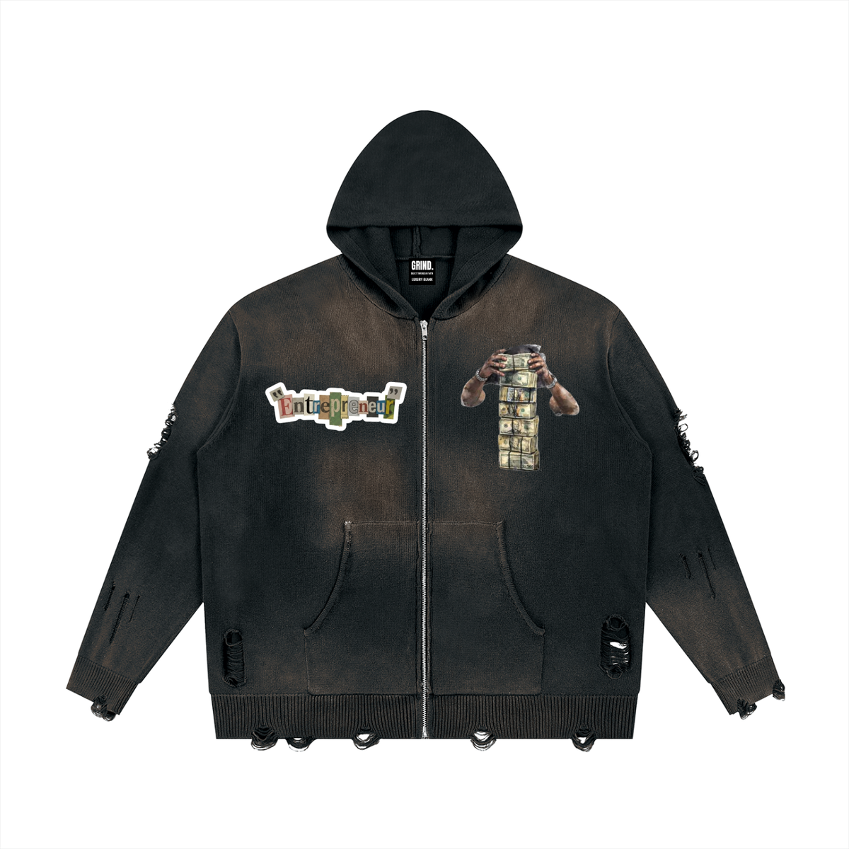 Unisex Distressed Full Zip Sweater